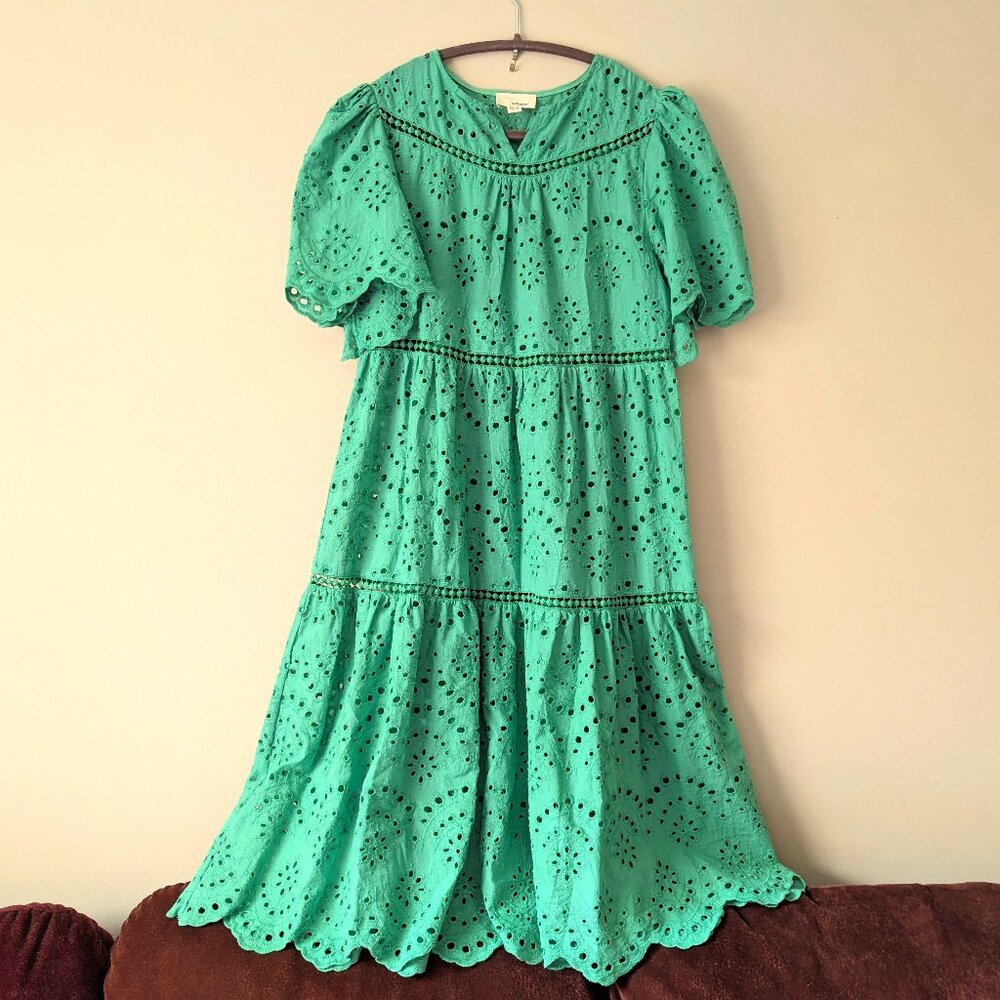 THE KORNER x Anthropologie 100% Cotton Eyelet Lace Tiered Dress Green Size M